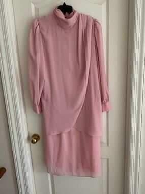 After Dark sz 10/12 Pink Vintage 80s 90s chiffon midi dress long sleeve glamour